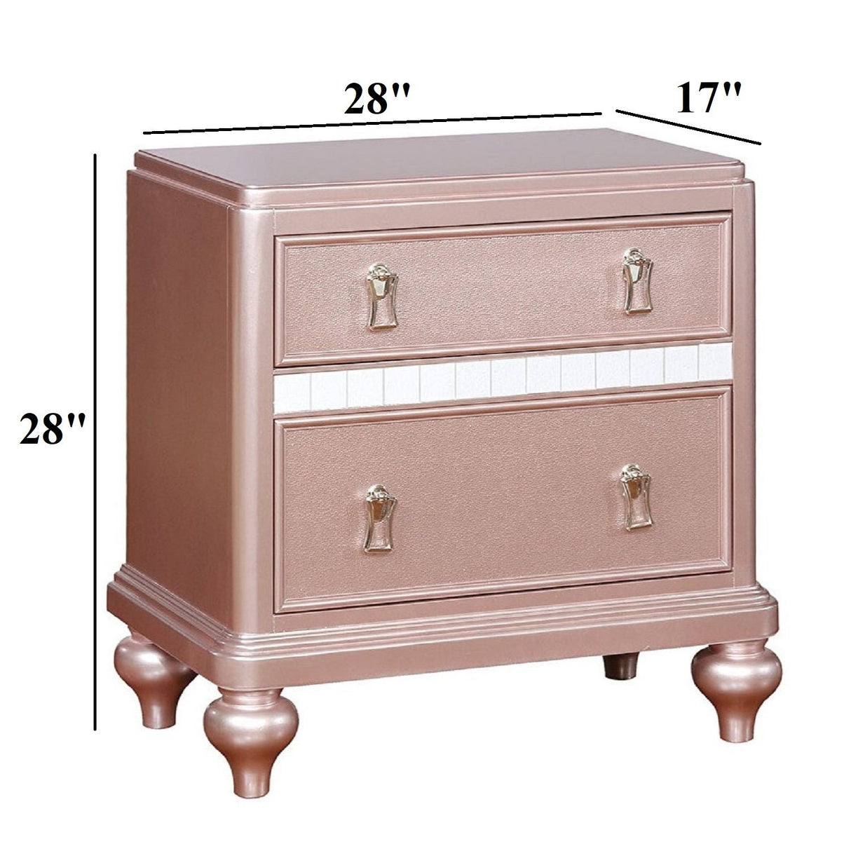 Nightstand With Mirror Accent Panels, 2 Drawer Design - Rose Gold