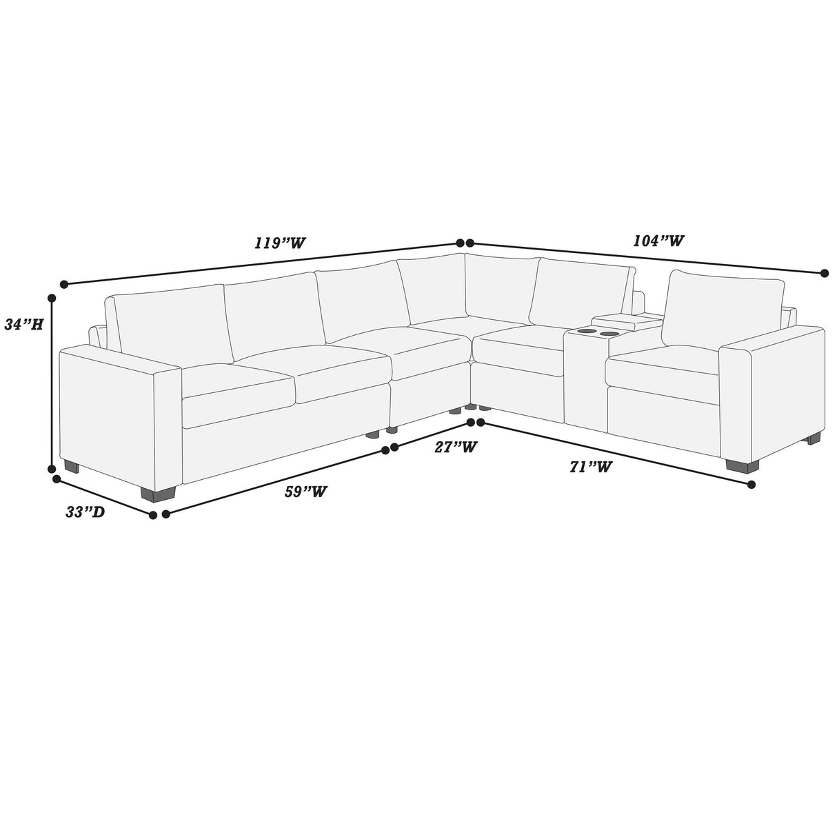 Modern Style L-Shape Sectional Set, USB Ports, Cup Holder