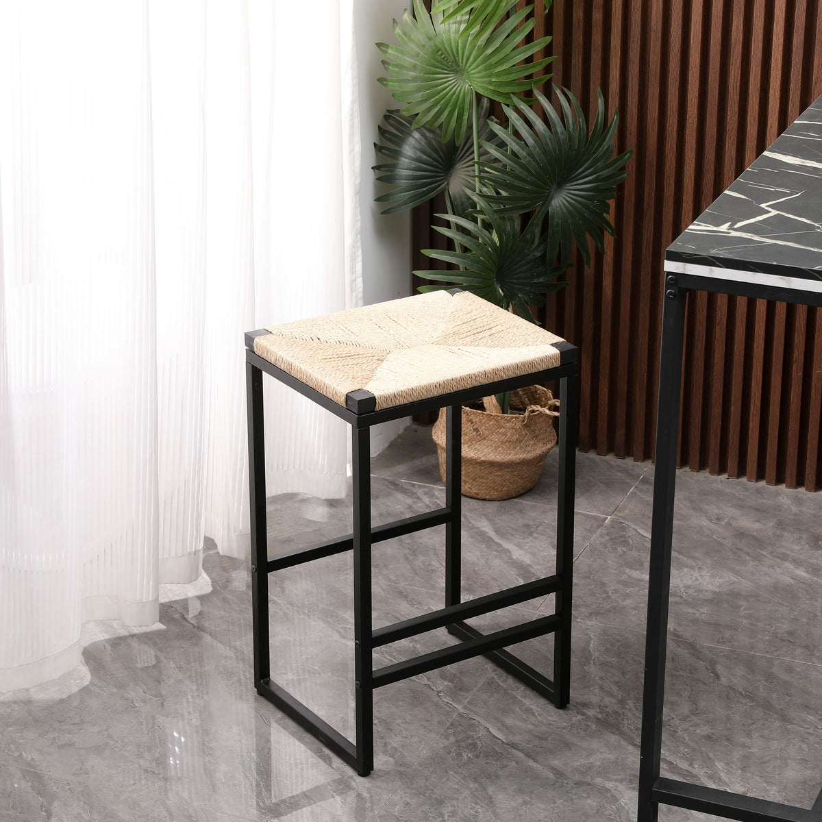 Boho Style Backless Bar Stools (Set of 2) With Paper Rope Woven Seat & Metal Frame For Kitchen Counter