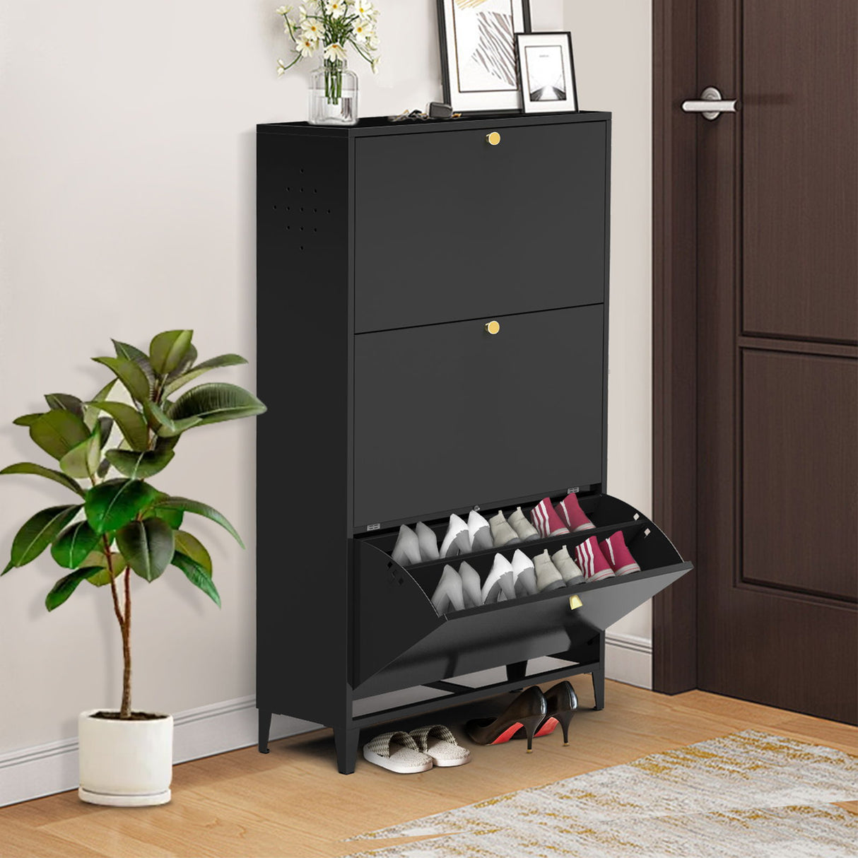 3 Drawer All Steel Shoe Cabinet, Freestanding Storage Organizer With Flip Door