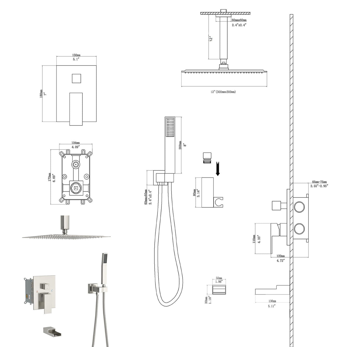 Modern Shower System With Waterfall Tub Spout, 12" Ceiling Mount Square Shower