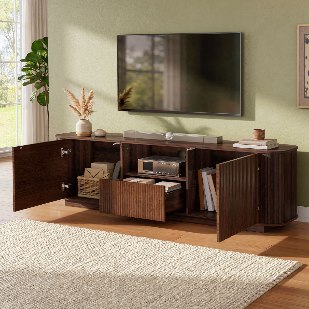 70" TV Stand With Ample Storage, Curved Corners - Dark Brown