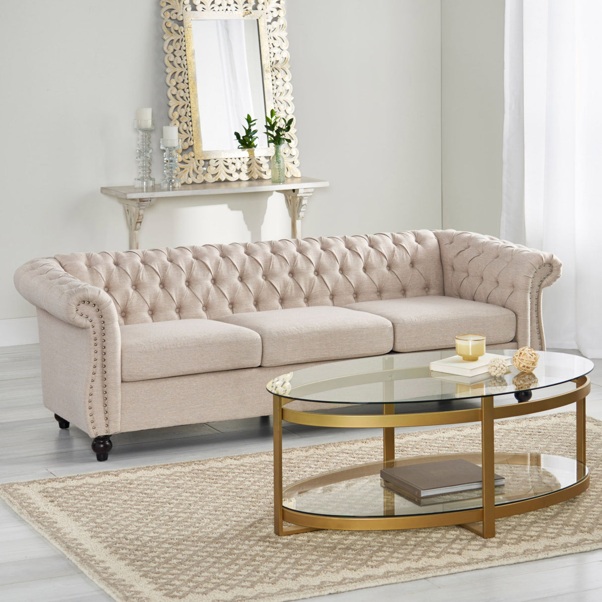Chesterfield Style 3 Seater Sofa With Deep Button Tufting - Beige