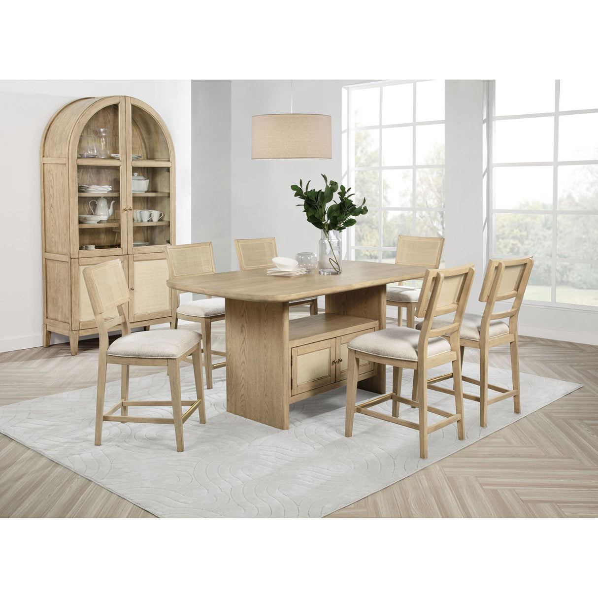 Kimpton - 8 Piece Counter Dining Set With Cabinet & Design, Includes Table, Chairs And Display Cabinet - Oak