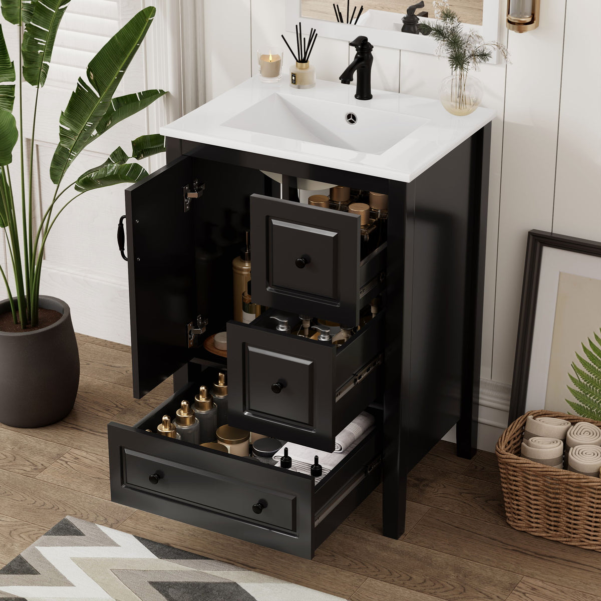 Retro Bathroom Vanity With Sink, Soft Closing Cabinet & Drawers