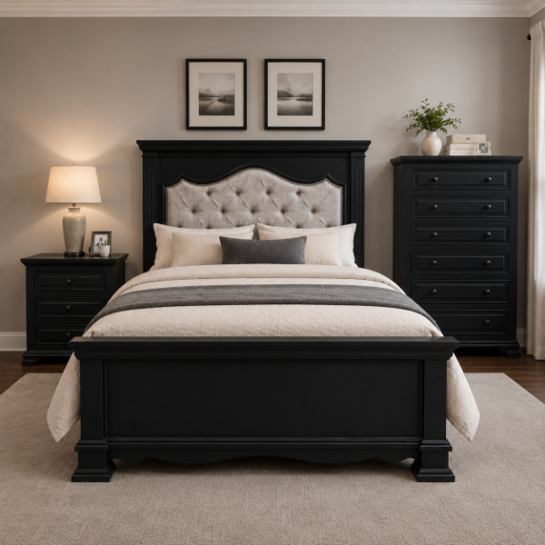 Z Castle Black Padded Queen Bed, Dresser, & Mirror - CASTQHBP+CASTQFBP+CASTQRSP+CASTLEMR+CASTLEDR