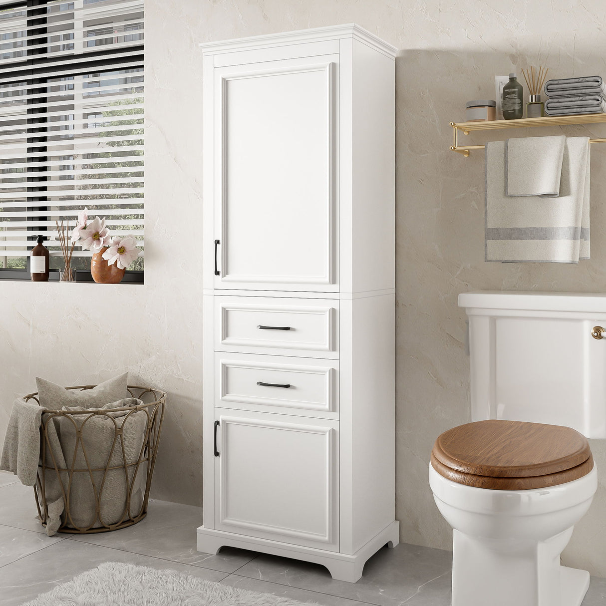 Freestanding Bathroom Vanity Tall With Damping Hinge Doors, Adjustable Shelves - White