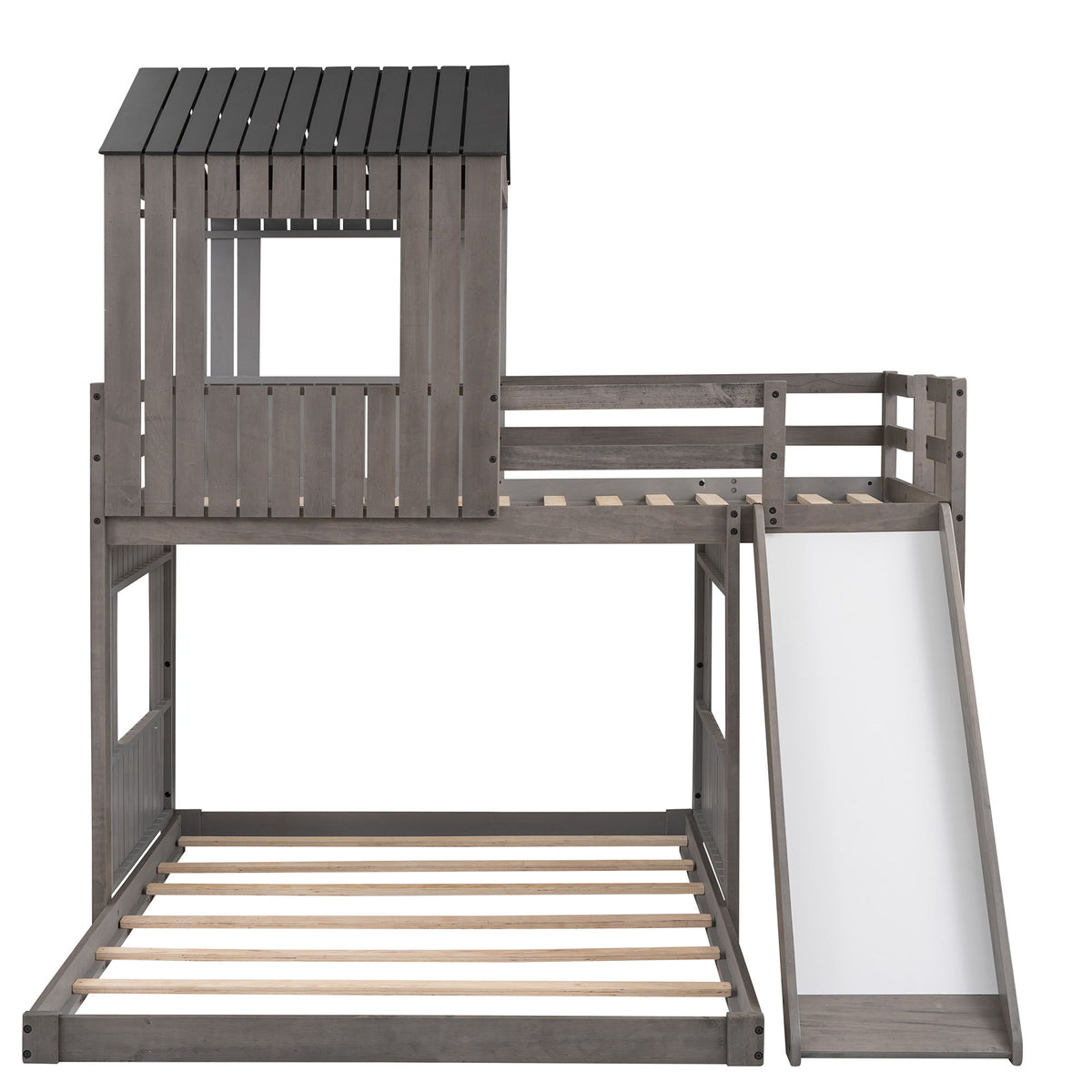 Twin Over Full Loft Bunk Bed With Playhouse, Farmhouse, Ladder, Slide And Guardrails - Antique Gray