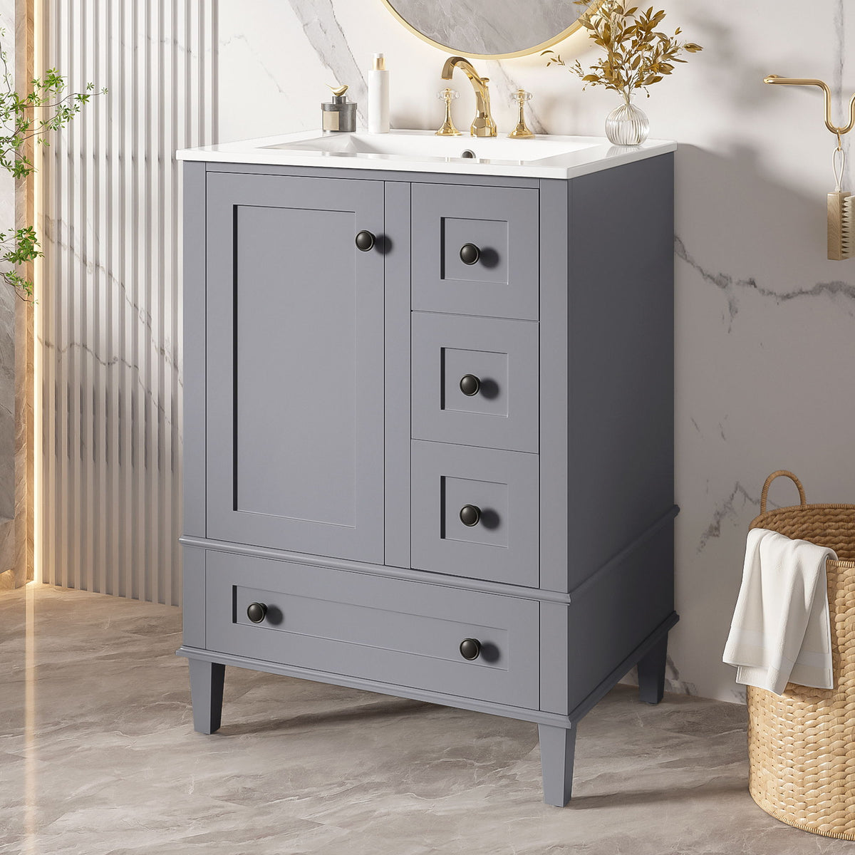 Bathroom Vanity With Integrated Basin, Soft Close Drawers, Door Mounted Double Layer Shelf