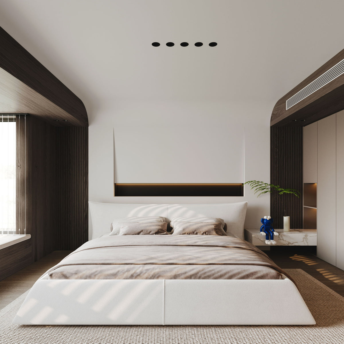 King Size Platform Bed With Special-Shaped Headboard - Cream