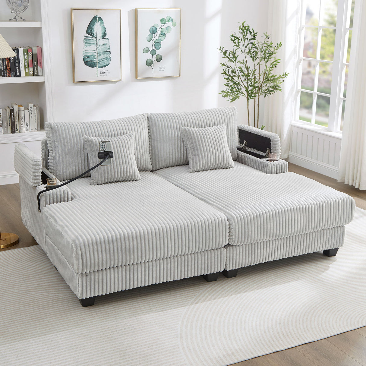 Chaise Sofa With Adjustable Backrest, Cup Holders, Phone Holder & Storage Compartments For Living Room - Light Gray