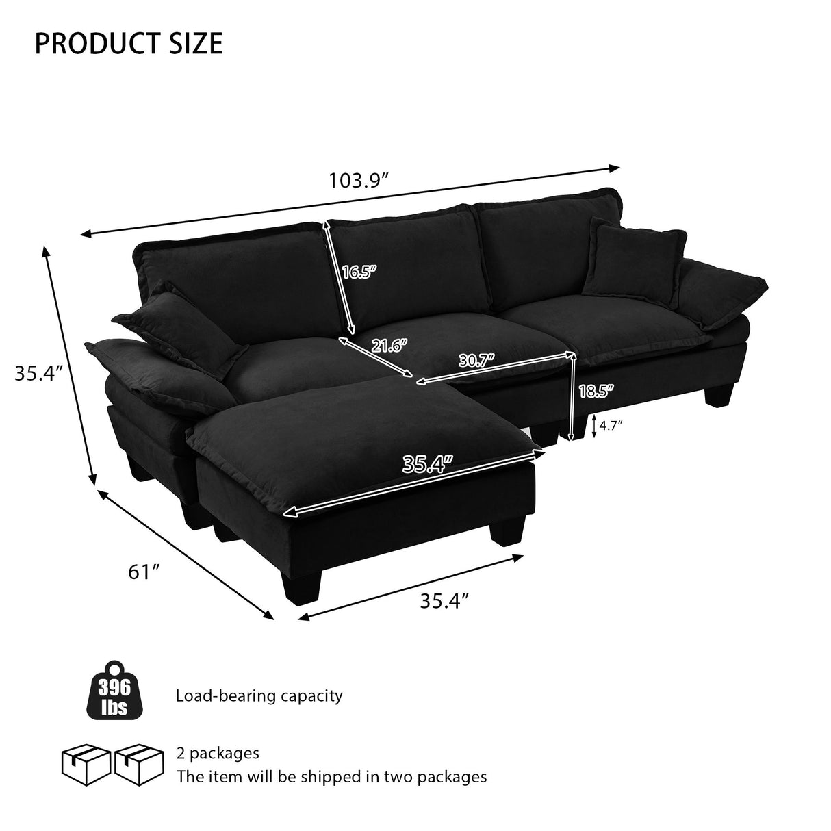 L-Shape Cloud Sofa With 1 Movable Ottoman & 2 Pillows, Ideal For Living Room - Black