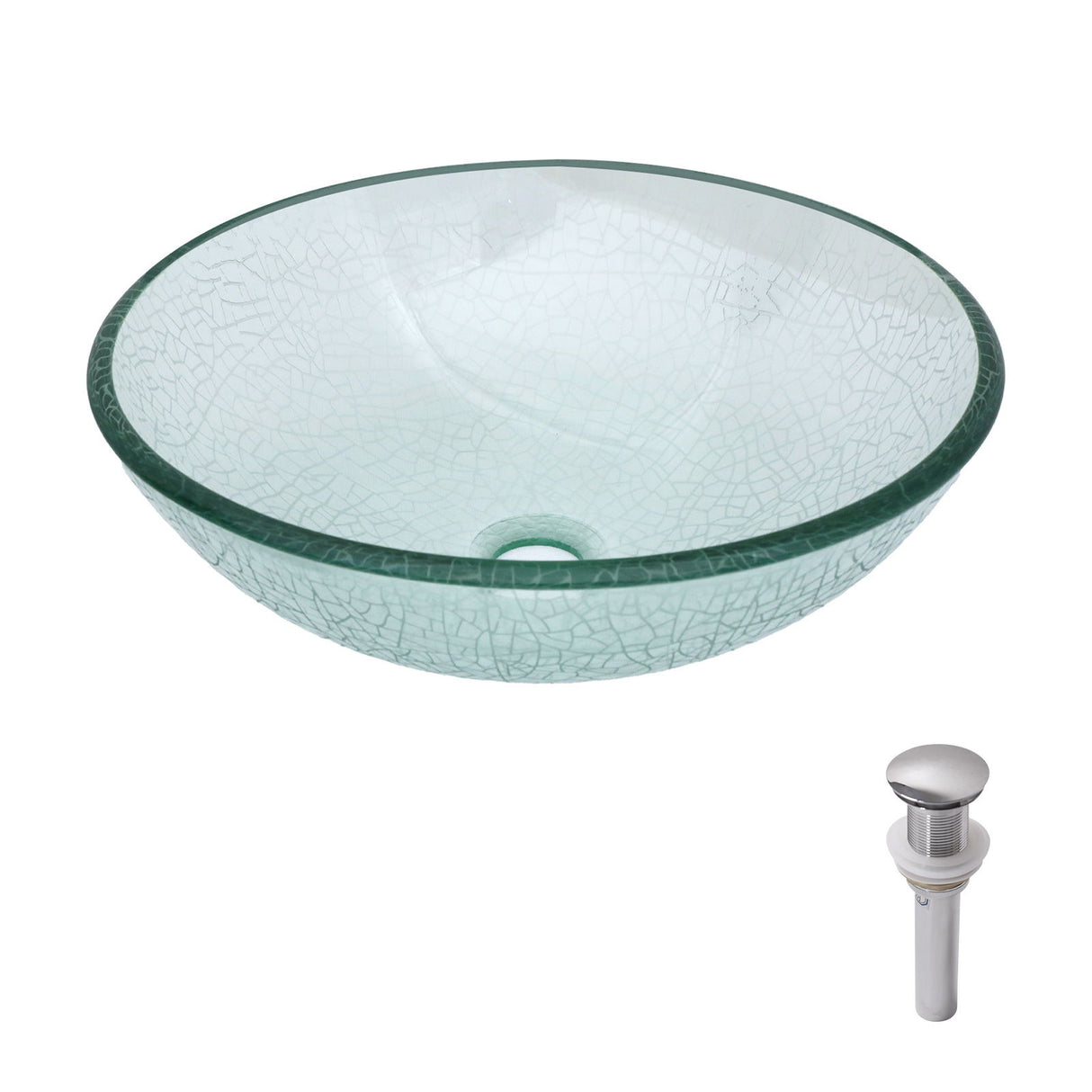 Crackle Vessel Sink, Round Bowl With Pop Up Drain - Clear