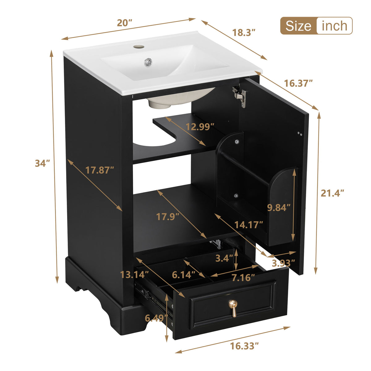 Bathroom Vanity With Sink, Soft Close Door, Adjustable U-Shaped Shelf