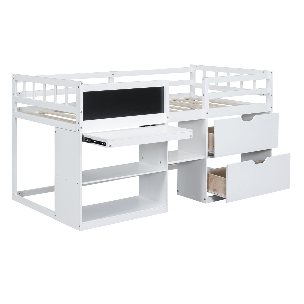 Low Loft Bed With Rolling Desk, Shelf And Drawers
