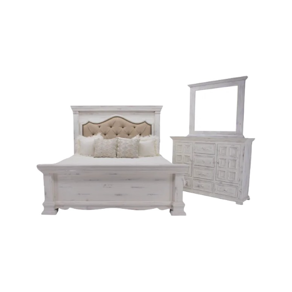 Chalet Queen Padded Bed Dresser & Mirror - 3722QNW+3722QWFB+3722QWRS+3700DNW+3722M2NW