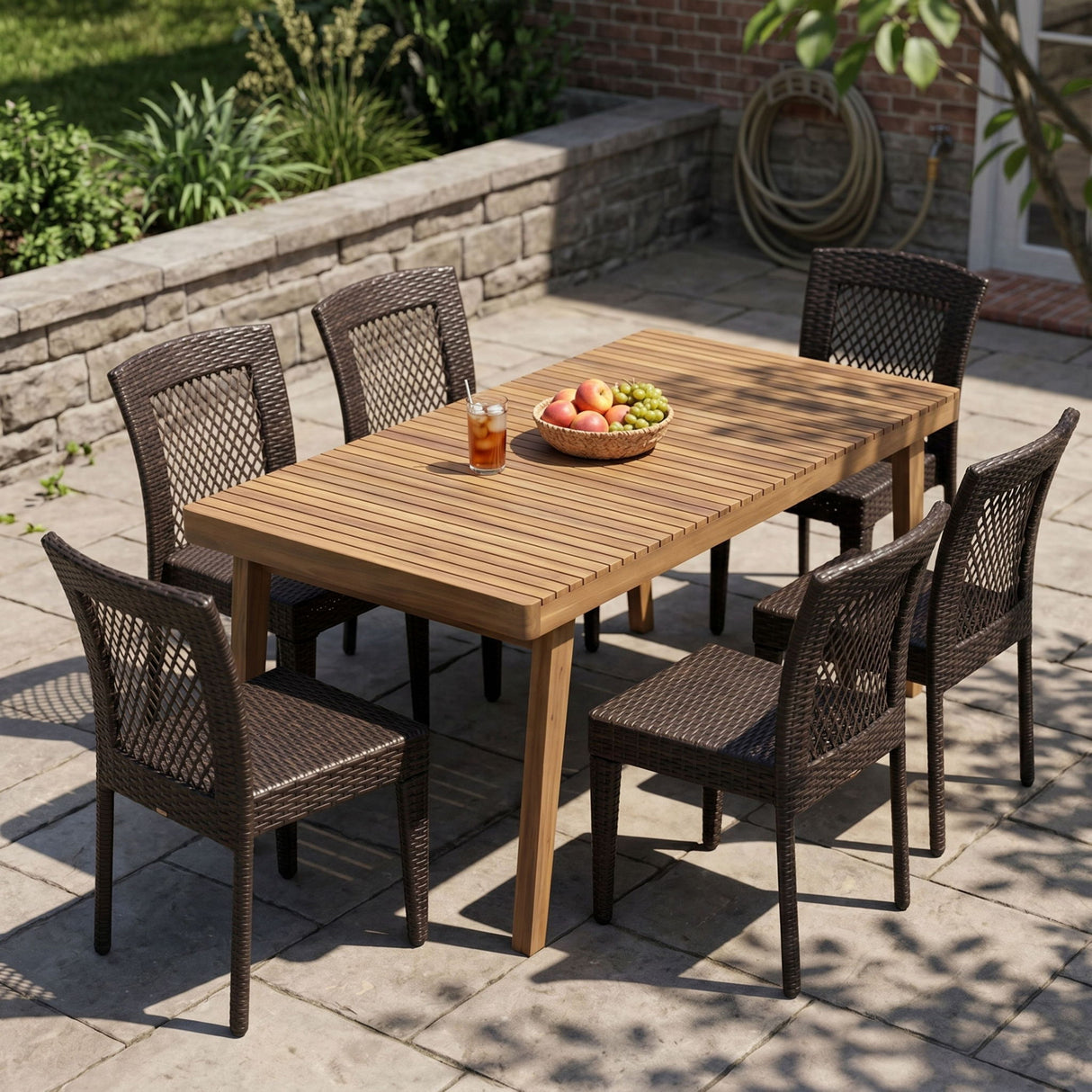 7 Piece Outdoor Patio Dining Set With Table & 6 Chairs - Brown / Brown Multi