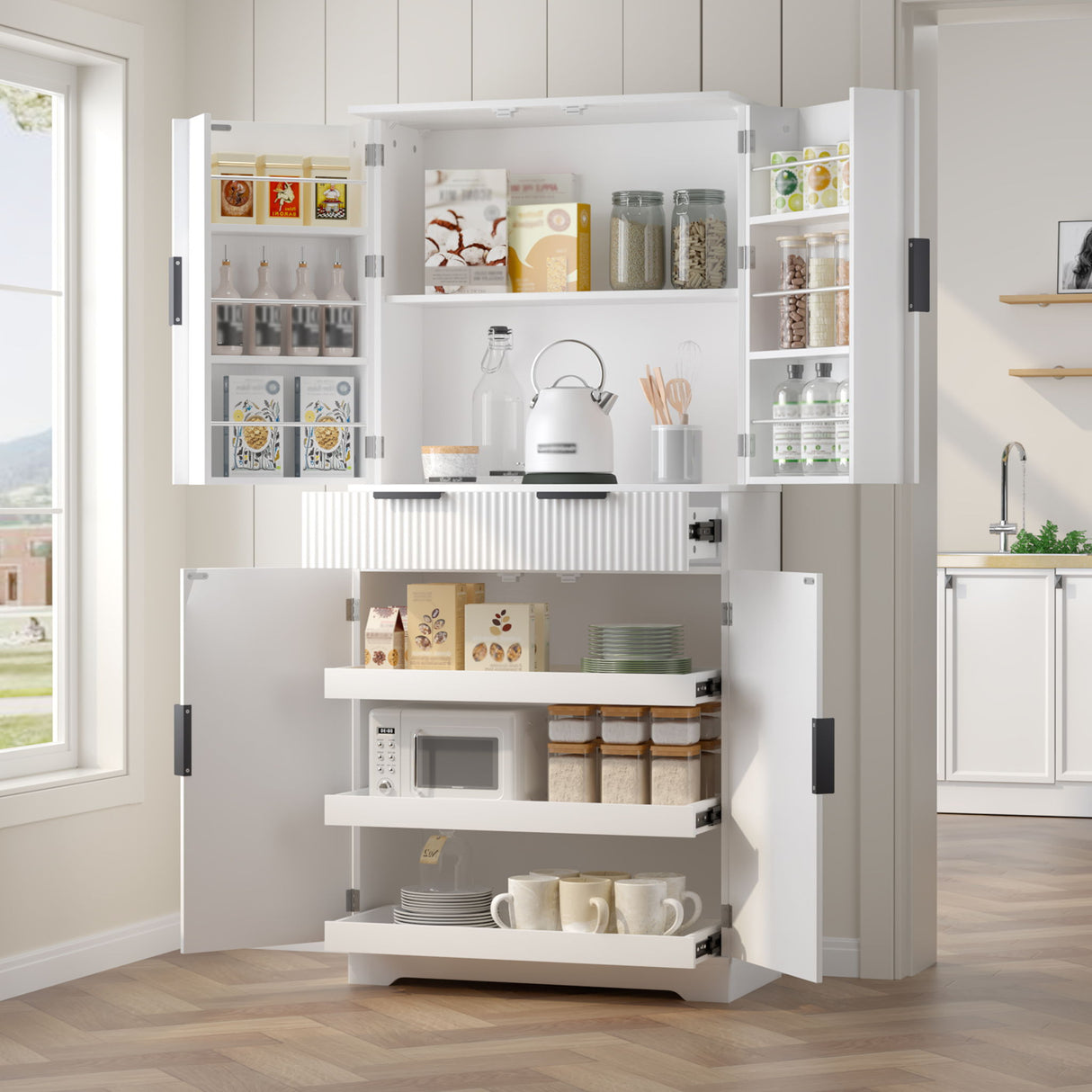 Fluted Kitchen Pantry Cabinet With 3 Keyboard Drawers & 6 Adjustable Door Shelves