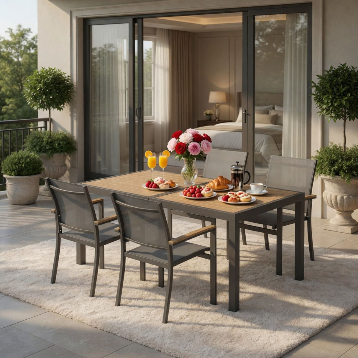 5 Piece Gray Aluminum Patio Dining Set With Textilene Chairs For Outdoor Use