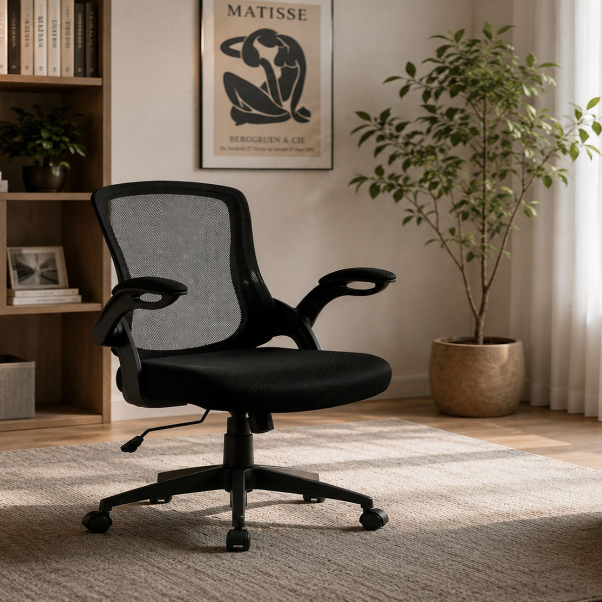 Office Chair With Mid Back Design, Adjustable Height And Foldable Armrests - Black