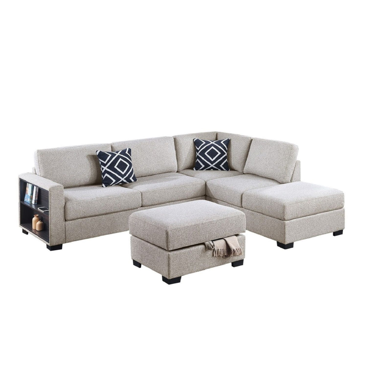 Reversible Sectional Sofa With Built In Shelf And Storage Ottoman, L - Shaped Living Room Furniture