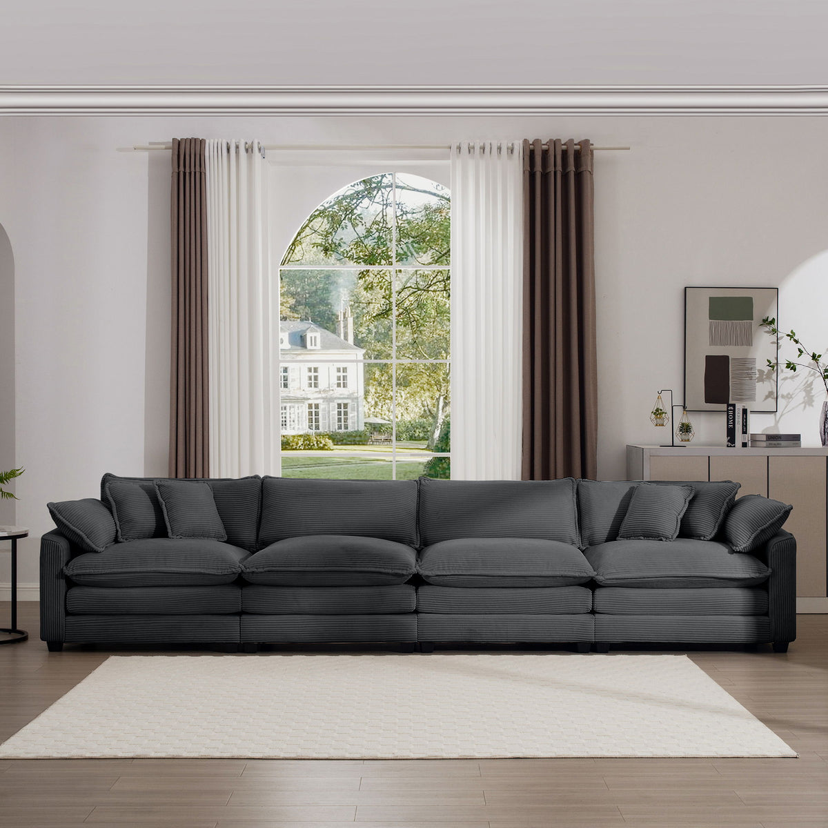 Modern Upholstered 4 Seater Corduroy Fabric Sofa With Arm And Throw Pillows - Gray