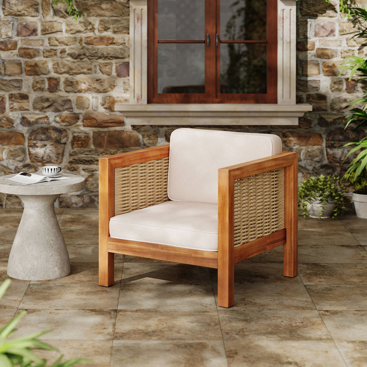 Outdoor Club Chair With Rope Arm And Cushions - Beige / Teak