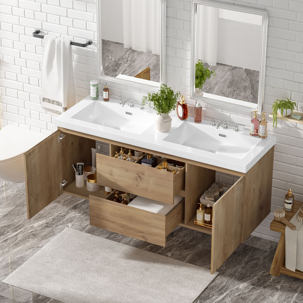 Double Sink Bathroom Vanity, Cabinet & Soft Close Doors, Divided Drawers, Wall Mounted Storage - Wood