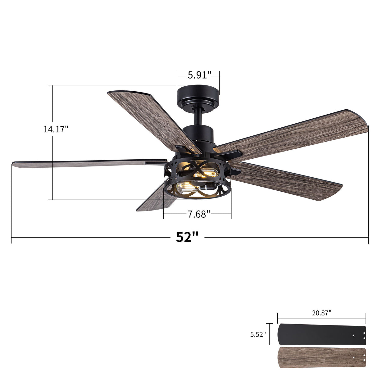 Ceiling Fan With Light, Dual‑Sided Matte Black & Wood Grain Blades - Black