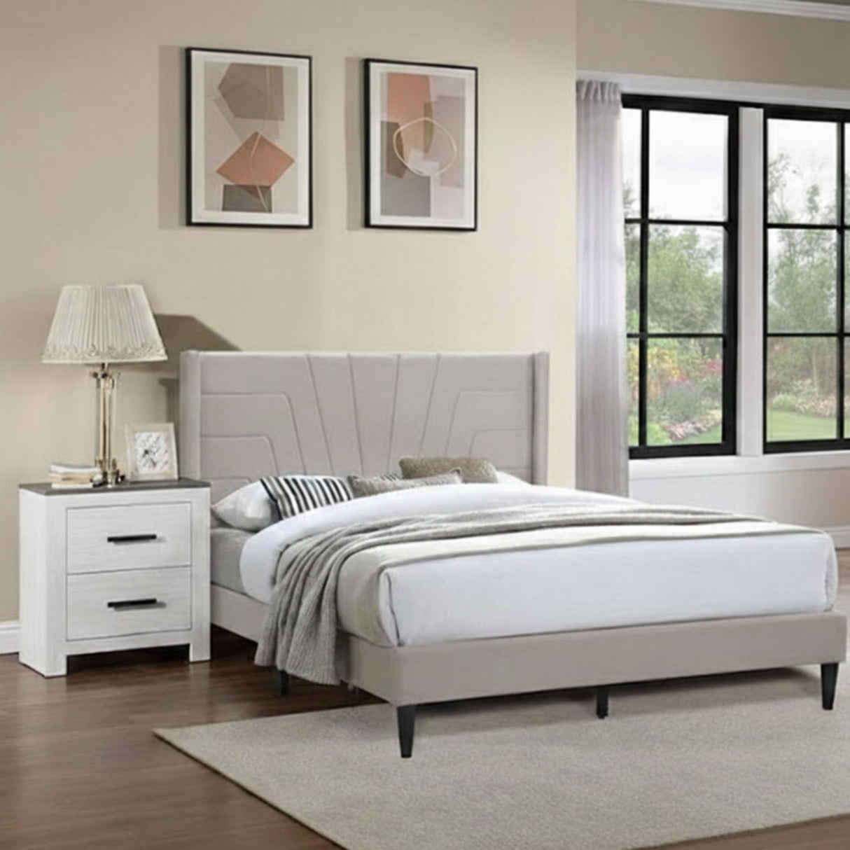 Eastern King Size Platform Bed, Upholstered Headboard - Light Brown