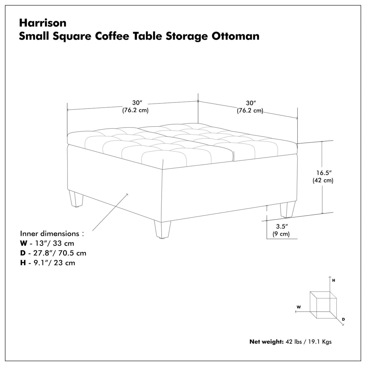 Harrison - Multifunctional Small Square Coffee Table Storage Ottoman - Gray