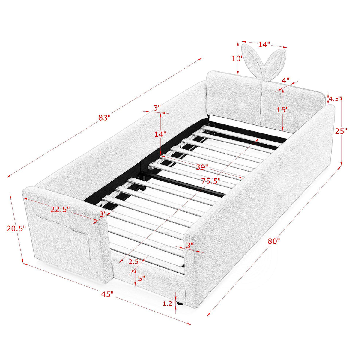 Cute Rabbit Ear Upholstered Platform Bed Frame With Safety Rail