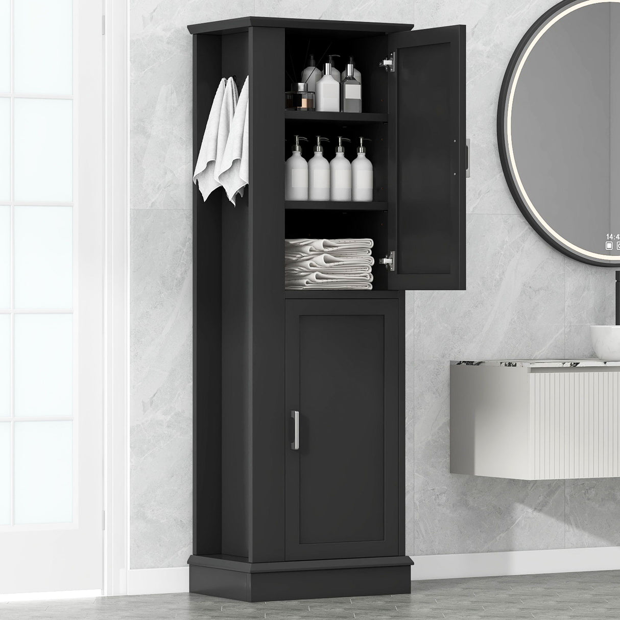 Tall Freestanding Bathroom Storage Cabinet With Adjustable Shelves And Side Hooks