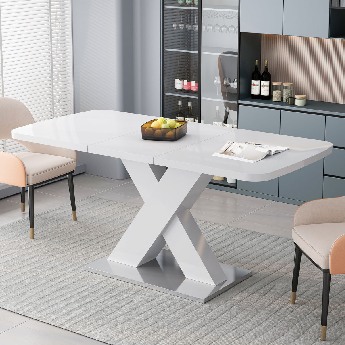 Rectangle Dining Table, Stretchable, X Shape Legs - White