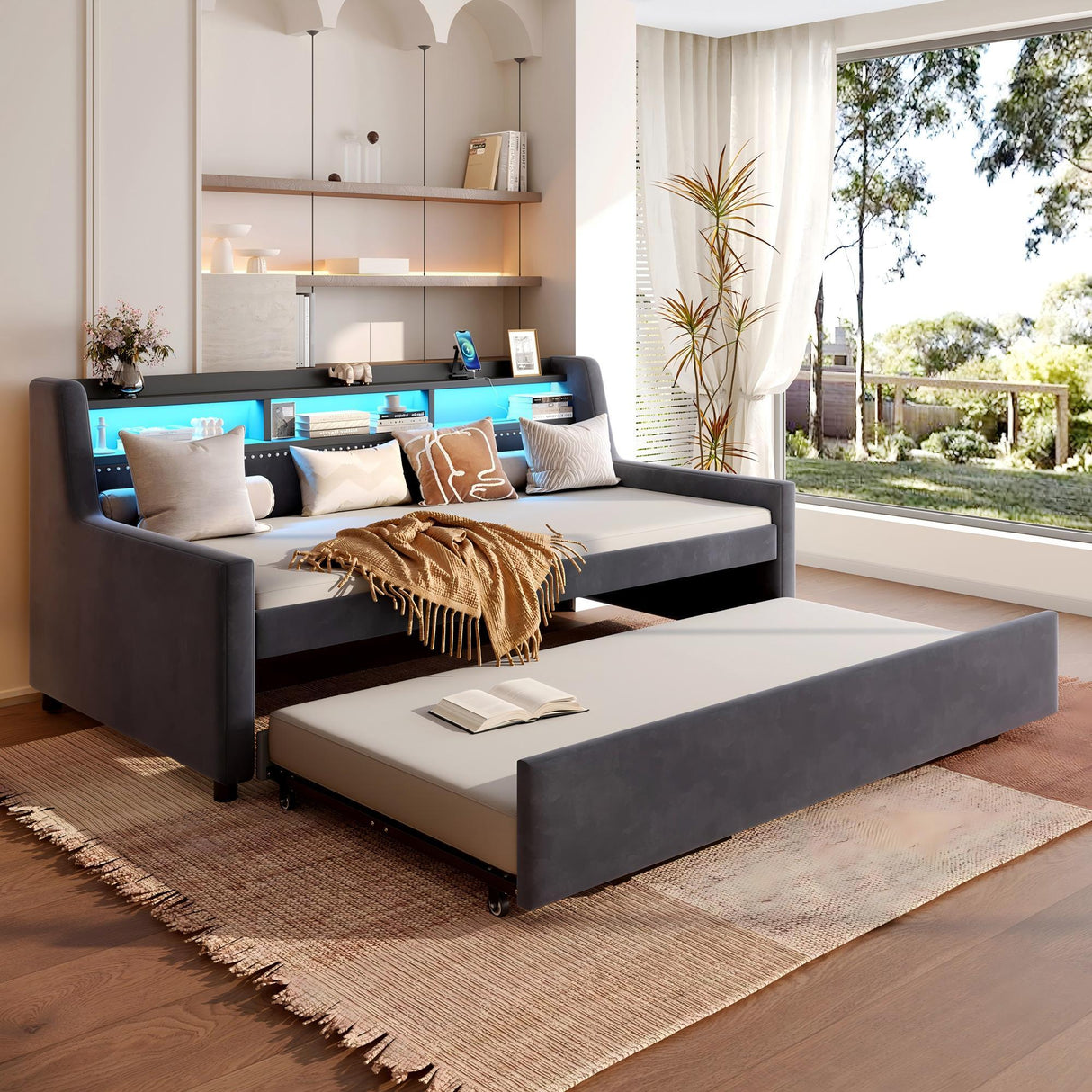 Twin Size Daybed With Trundle With LED Light & Charging Station - Dark Gray