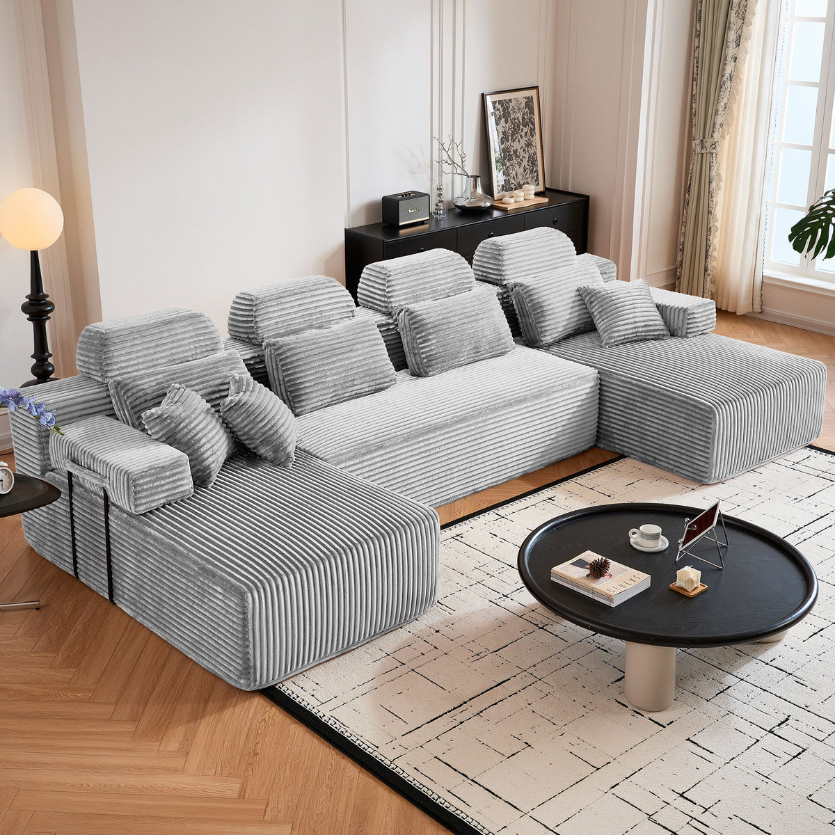 Sectional Sleeper Sofa & Storage Pockets, Modular Couch With Throw Pillows For Living Room