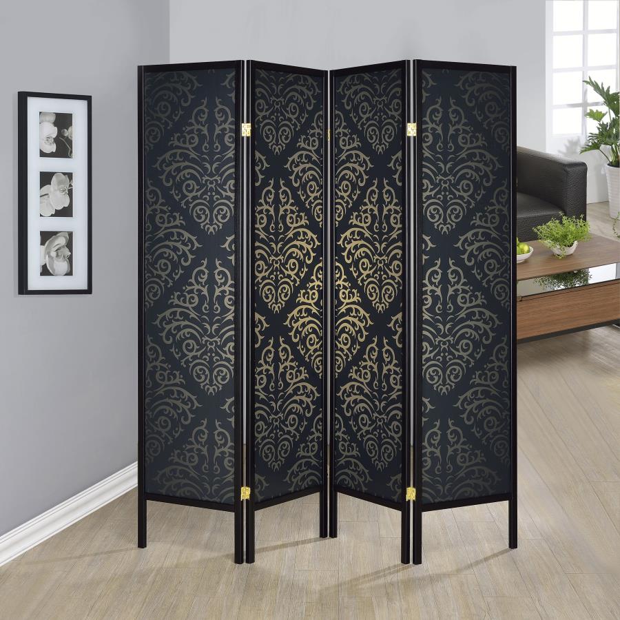 Haidera 4-Panel Room Divider Folding Screen Black Damask - 901632