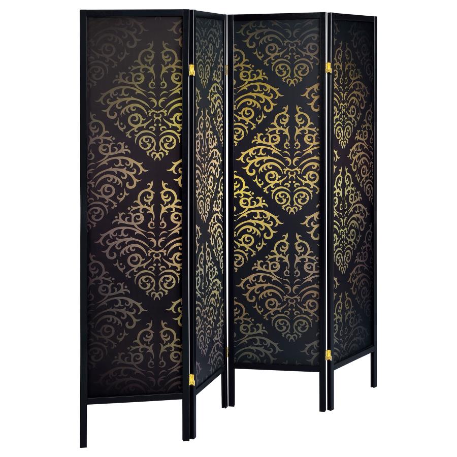 Haidera 4-Panel Room Divider Folding Screen Black Damask - 901632