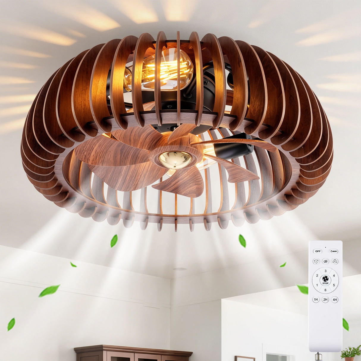 Semicircle Flush Mount Fan Light, (No Included Bulbs) And Remote Control, 6 Speeds, Quiet DC Motor For Living Room - Wood