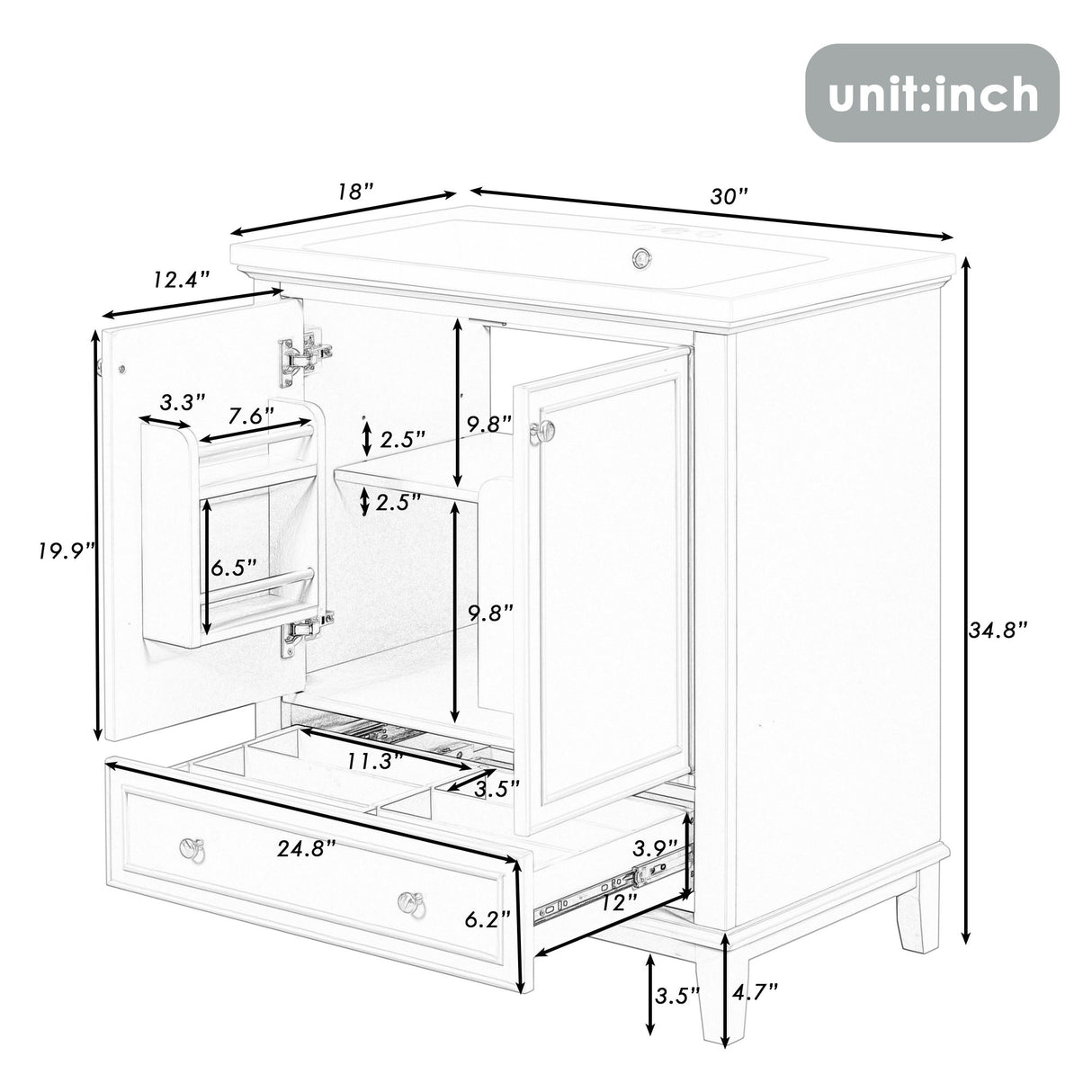 Modern Bathroom Vanity With Sink Combo, Multi Functional Cabinet With Doors And Drawer