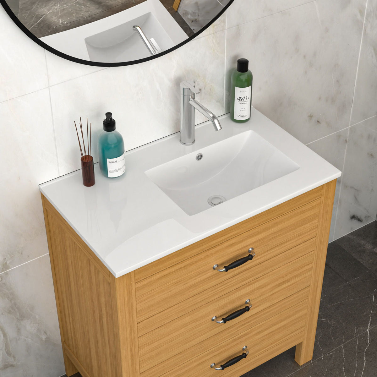 Rectangular Single Vanity Top With 1 Faucet Hole And Overflow, 32" X 18", Spacious Left Countertop For Storage - White