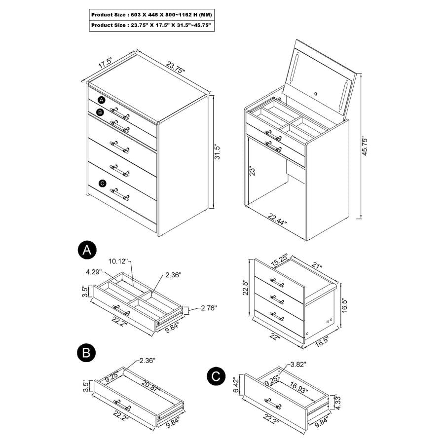 Danbury 3-drawer Makeup Vanity & Stool Set Grey High Gloss - 930210
