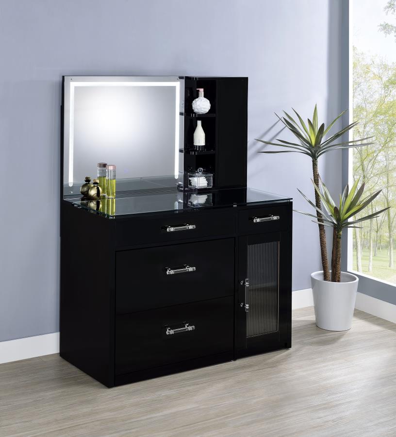 Flora 2-drawer Vanity Set with LED Mirror Black High Gloss - 930219