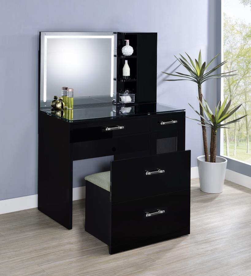 Flora 2-drawer Vanity Set with LED Mirror Black High Gloss - 930219