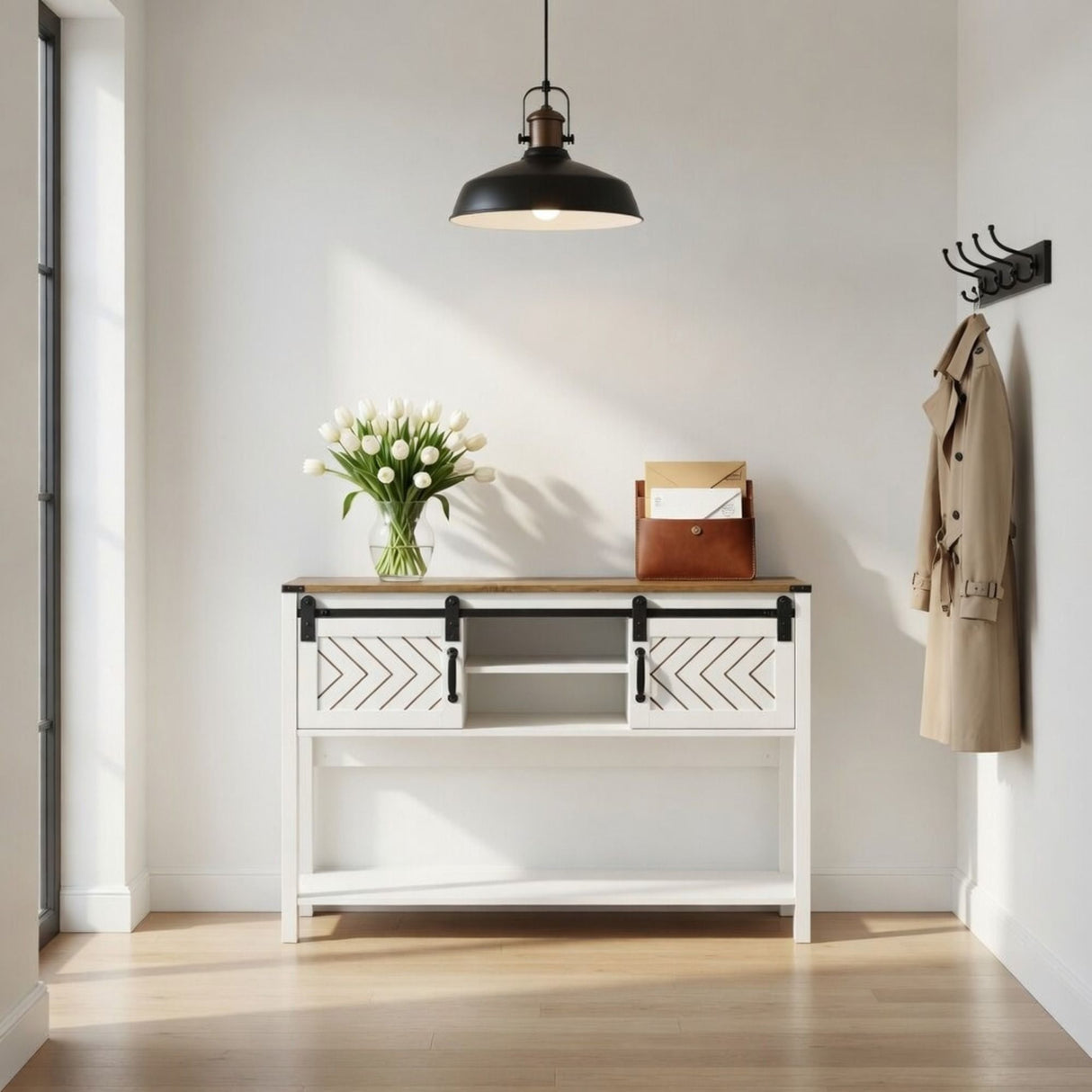 Entryway Table With Sliding Barn Door Storage - White / Oak
