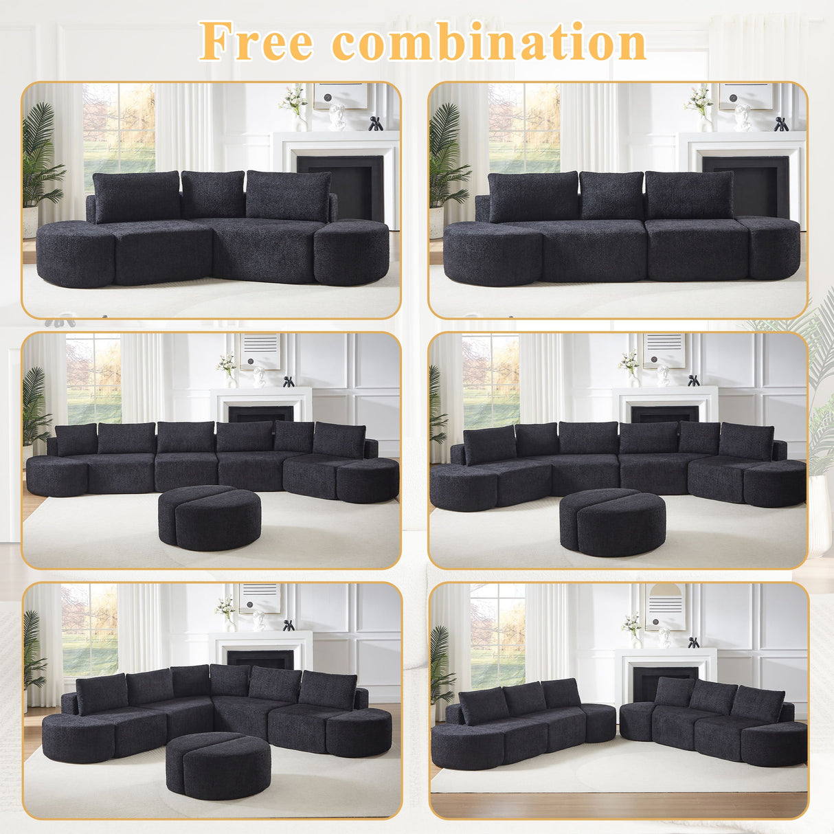 V - Shaped Modular Sofa Set & 3 Pillows And 2 Curved Ottomans For Living Rooms - Black