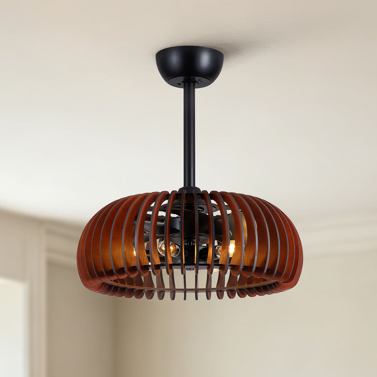 Pumpkin Ceiling Fan, Fandelier With 6 E12 Sockets, Reversible DC Motor, Adjustable Hanging, 6 Speeds Remote Control - Black