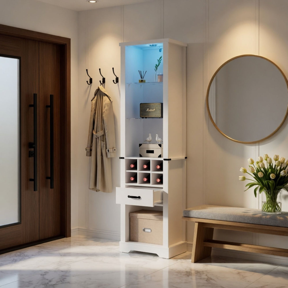 Pantry Cabinet With LED Lights, Wine Rack, Tempered Glass Shelves, And Barn Door Design - White