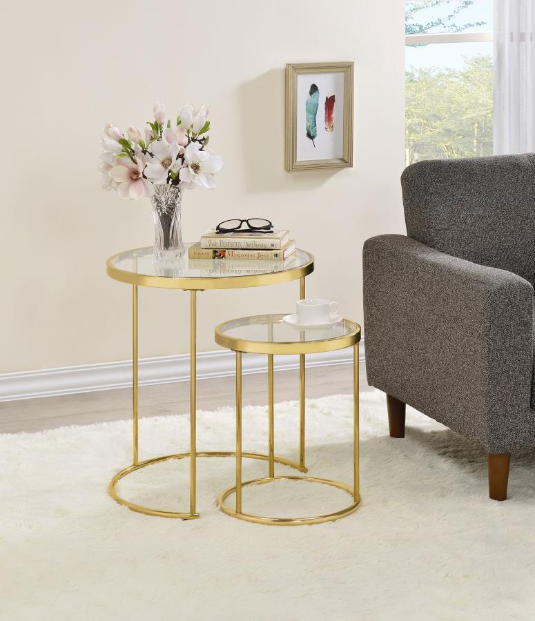 Maylin 2-piece Round Glass Top Nesting Table Set Gold - 935936