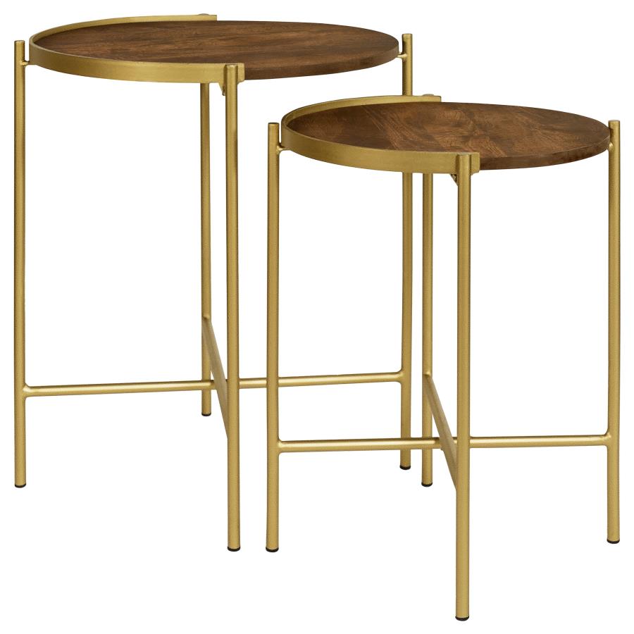 Malka 2-piece Round Wood Nesting Table Dark Brown and Gold - 936168